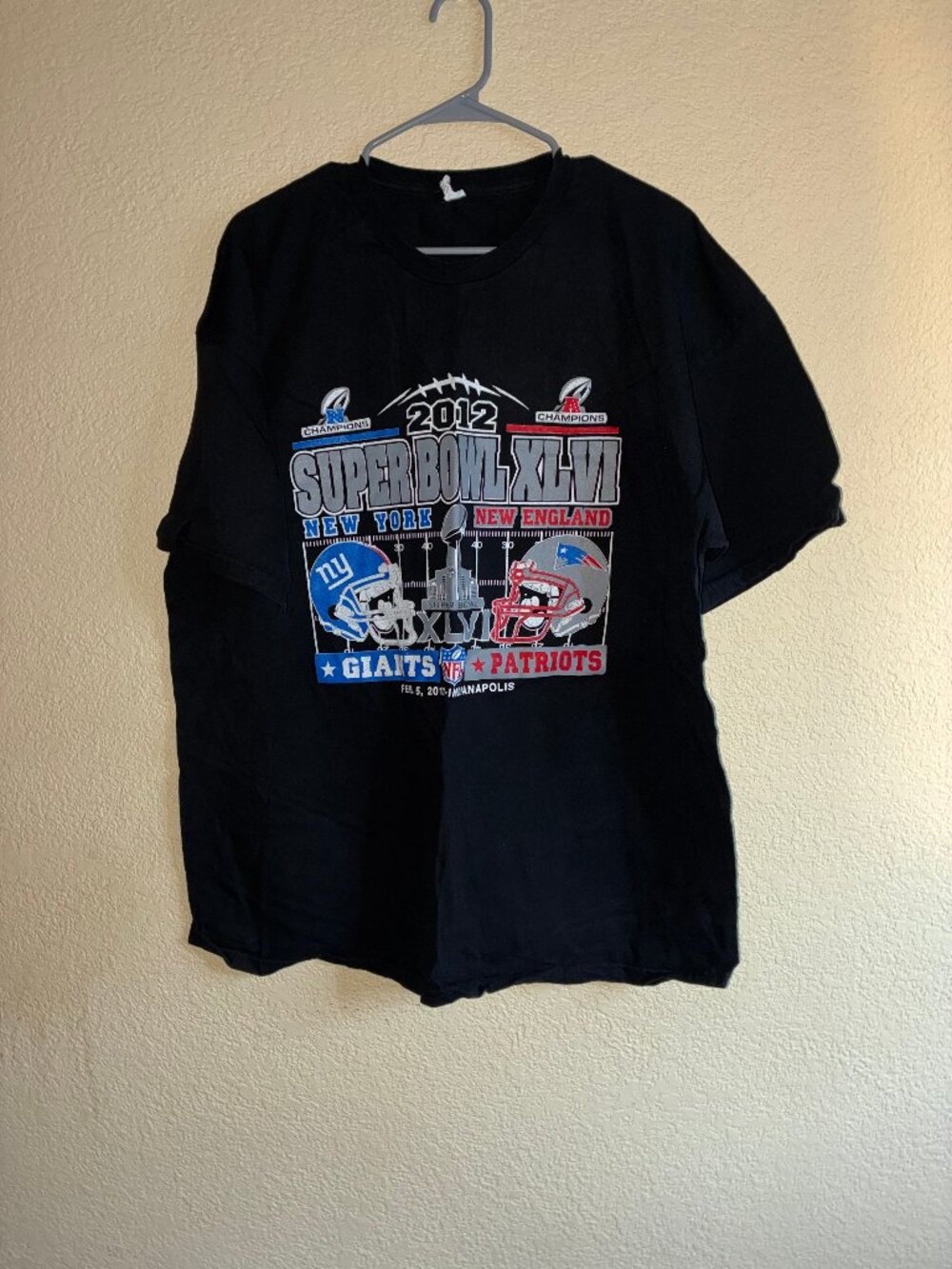 2012 Super Bowl XLVI New York Giants vs New England Patriots T-Shirt 2XL Vintage